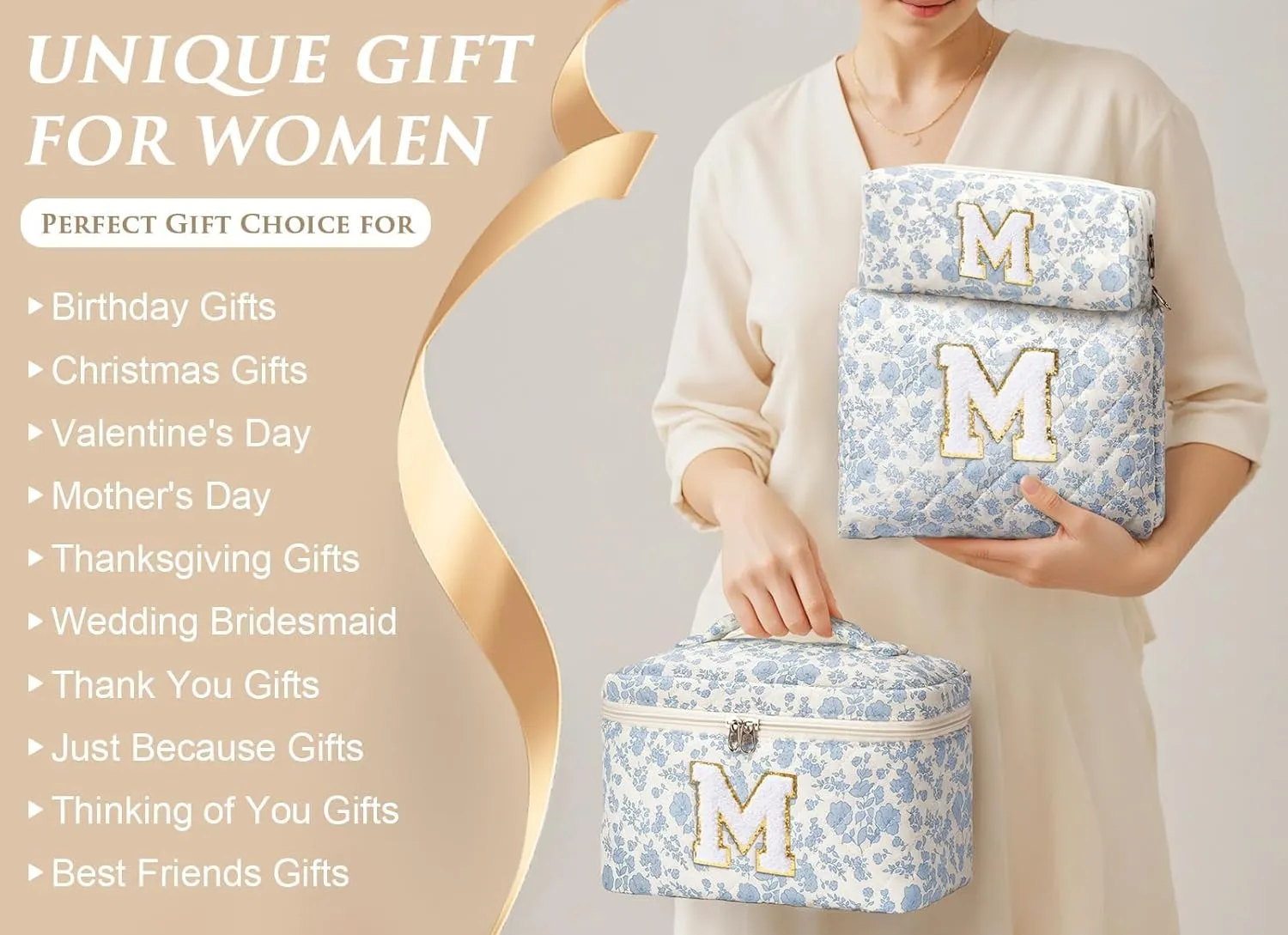 Birthday Gifts for Teen Girls Women, Personalized Initial Makeup Bag Quilted Cosmetic Bag Floral Make Up Bag Travel Toiletry Bag Teen Girl Gifts Trendy Stuff Mothers Day Gifts for Mom Daughter Friends