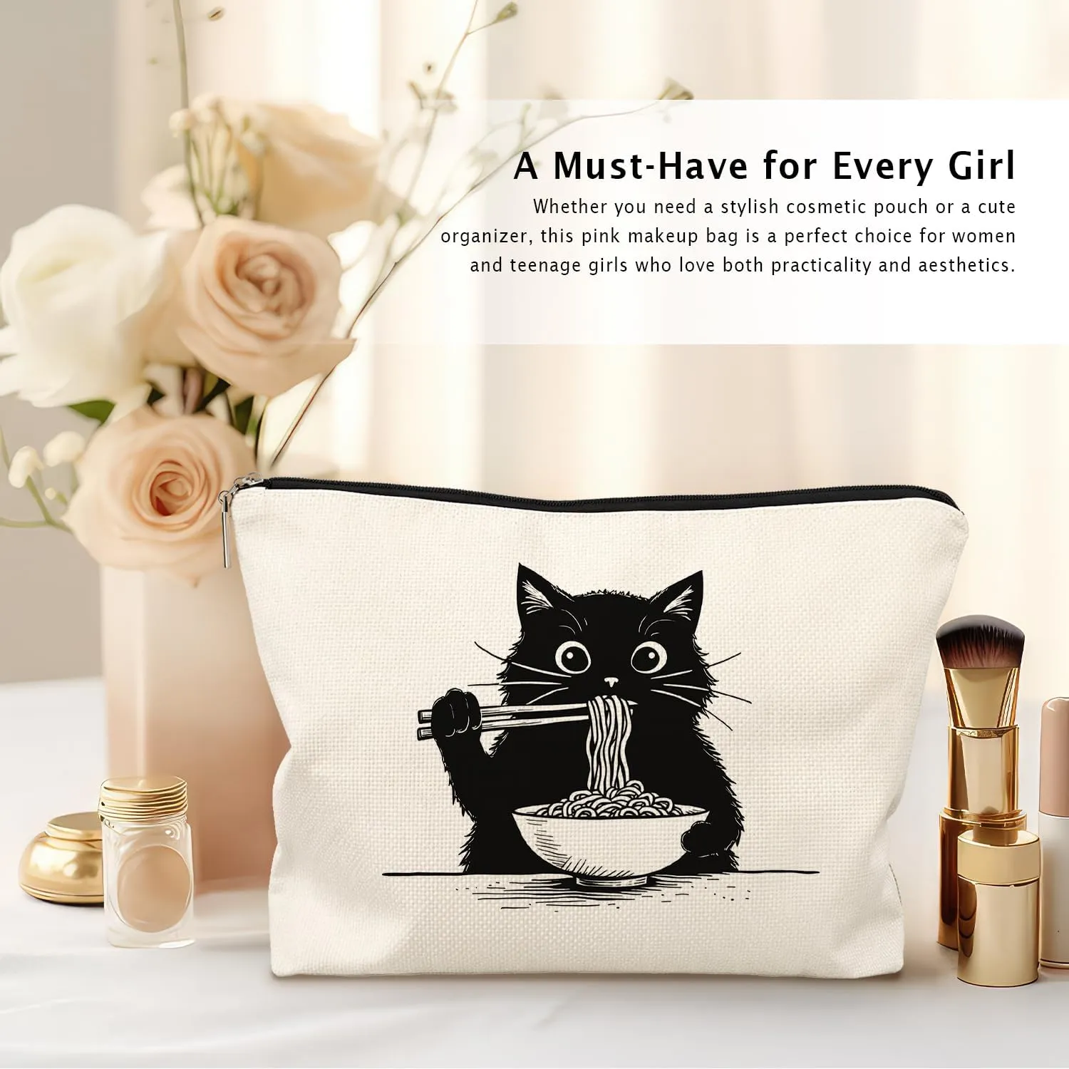 Black Cat Makeup Bag, Funny Black Kitty Eat Noodles Cosmetic Bags for Women, Cat Mom Lady Lover Gifts for Women, Pet Lovers Owners Gifts Zipper Makeup Pouch