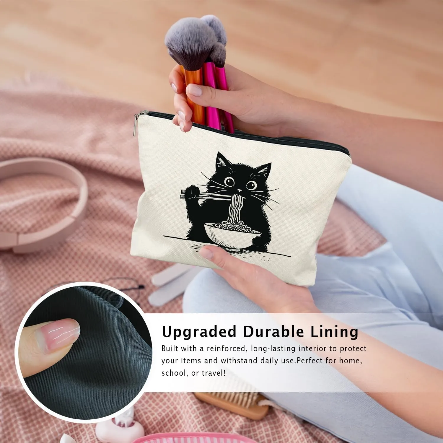 Black Cat Makeup Bag, Funny Black Kitty Eat Noodles Cosmetic Bags for Women, Cat Mom Lady Lover Gifts for Women, Pet Lovers Owners Gifts Zipper Makeup Pouch