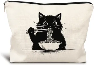 Black Cat Makeup Bag, Funny Black Kitty Eat Noodles Cosmetic Bags for Women, Cat Mom Lady Lover Gifts for Women, Pet Lovers Owners Gifts Zipper Makeup Pouch