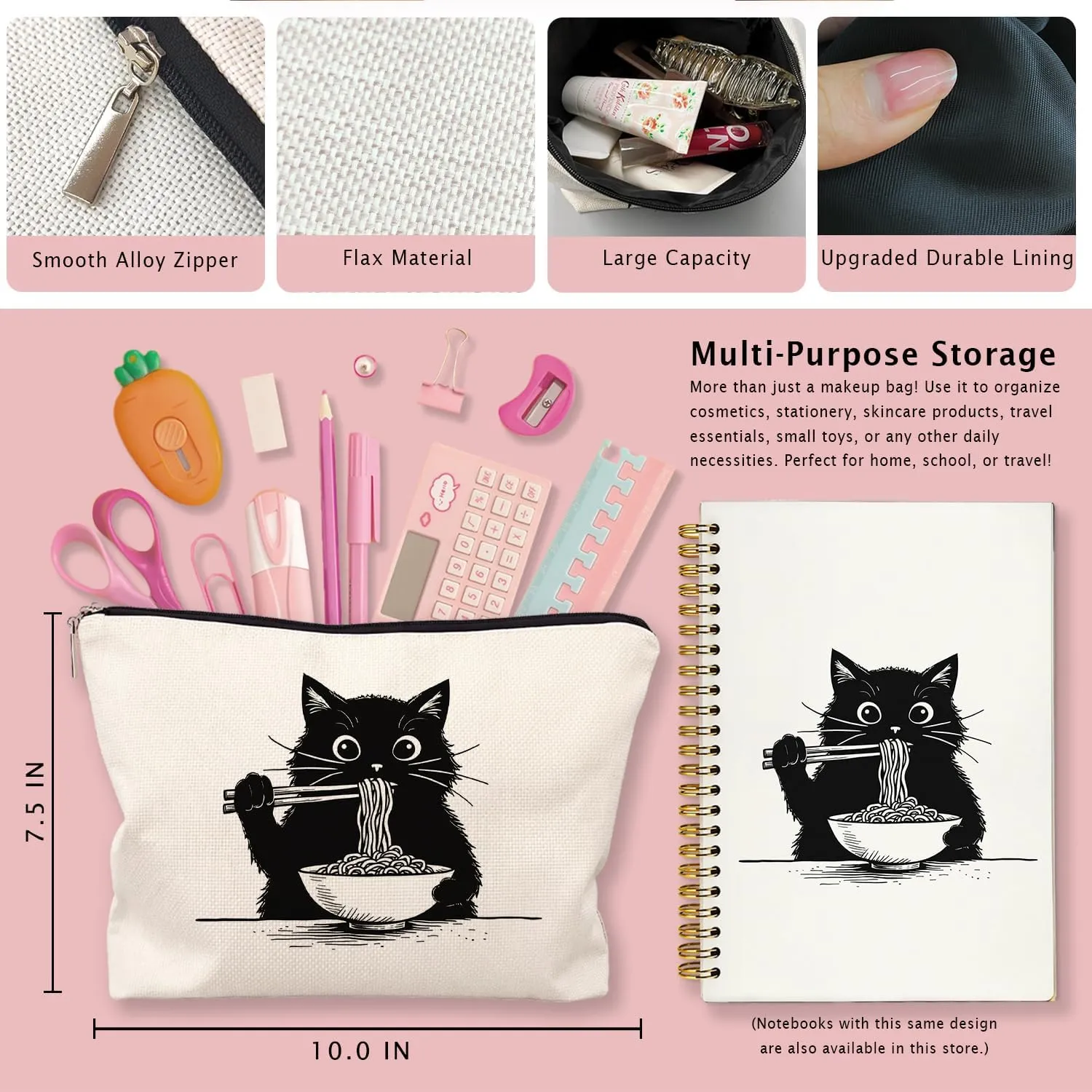 Black Cat Makeup Bag, Funny Black Kitty Eat Noodles Cosmetic Bags for Women, Cat Mom Lady Lover Gifts for Women, Pet Lovers Owners Gifts Zipper Makeup Pouch