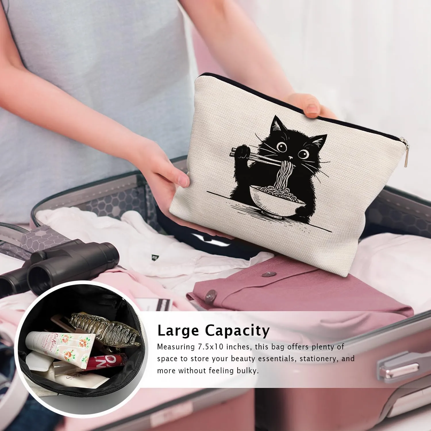 Black Cat Makeup Bag, Funny Black Kitty Eat Noodles Cosmetic Bags for Women, Cat Mom Lady Lover Gifts for Women, Pet Lovers Owners Gifts Zipper Makeup Pouch