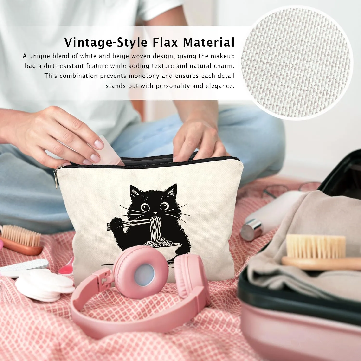 Black Cat Makeup Bag, Funny Black Kitty Eat Noodles Cosmetic Bags for Women, Cat Mom Lady Lover Gifts for Women, Pet Lovers Owners Gifts Zipper Makeup Pouch