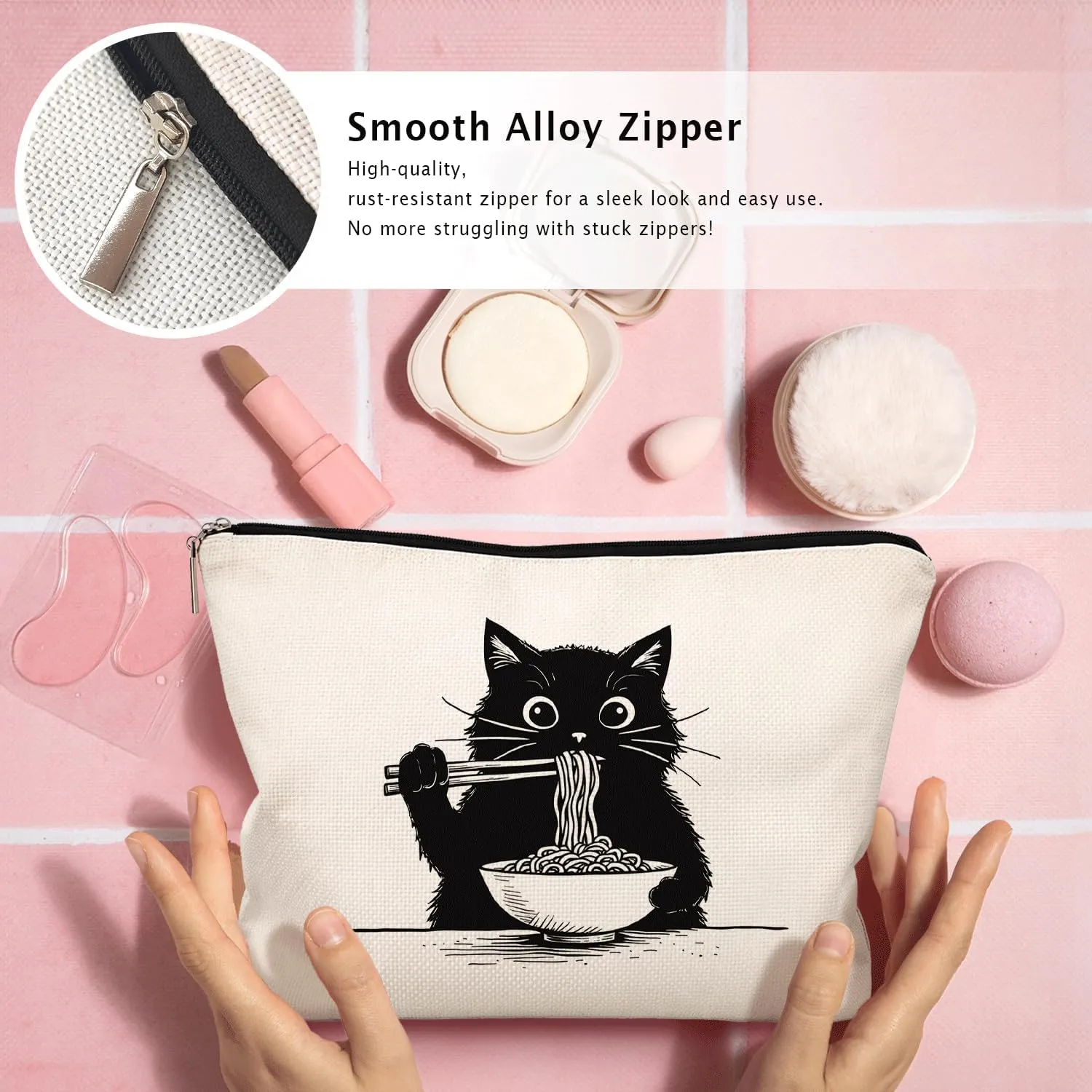 Black Cat Makeup Bag, Funny Black Kitty Eat Noodles Cosmetic Bags for Women, Cat Mom Lady Lover Gifts for Women, Pet Lovers Owners Gifts Zipper Makeup Pouch