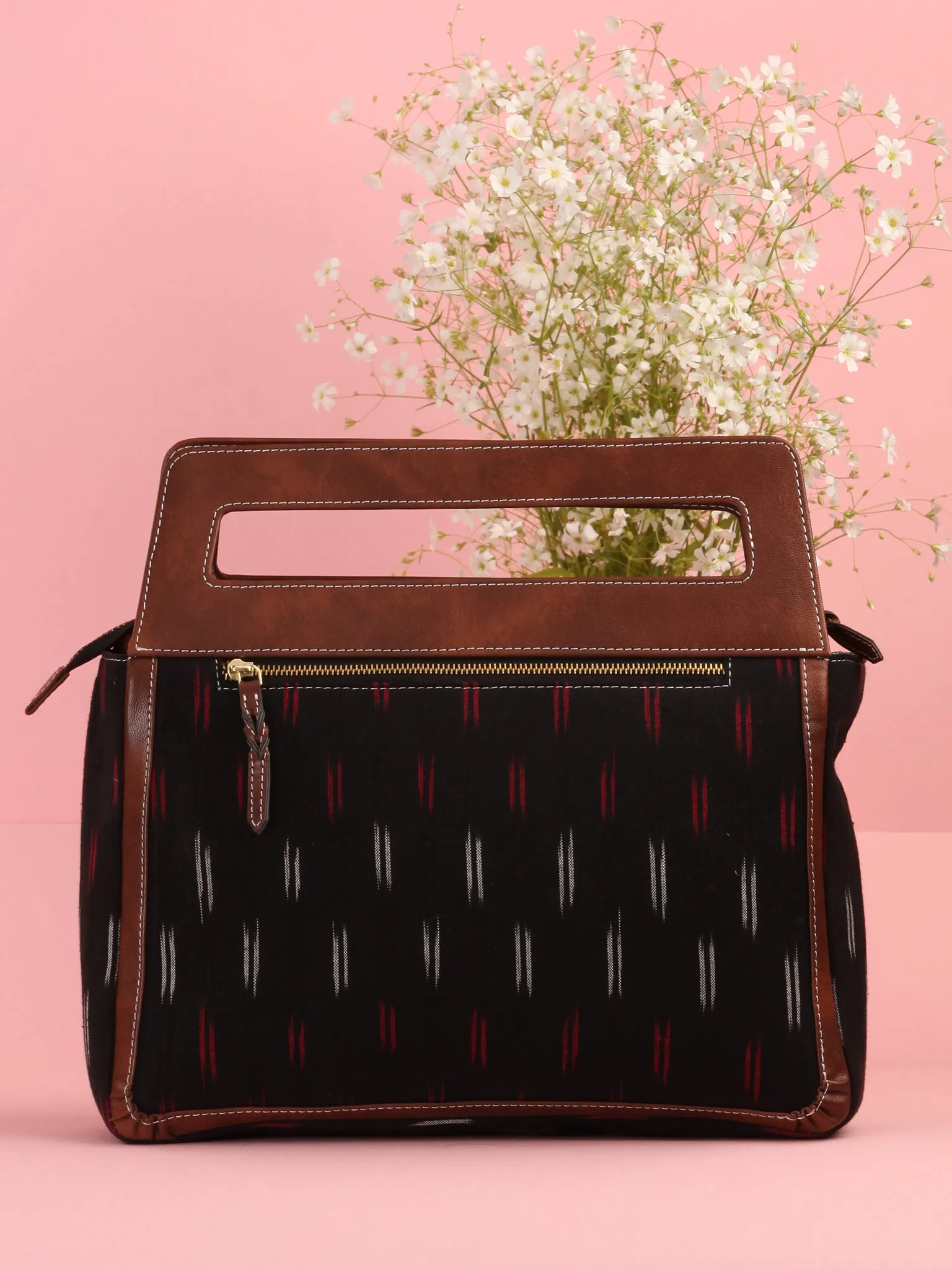 Black Red Ikat Baguette Bag with Vegan Leather Top Handles - B0905