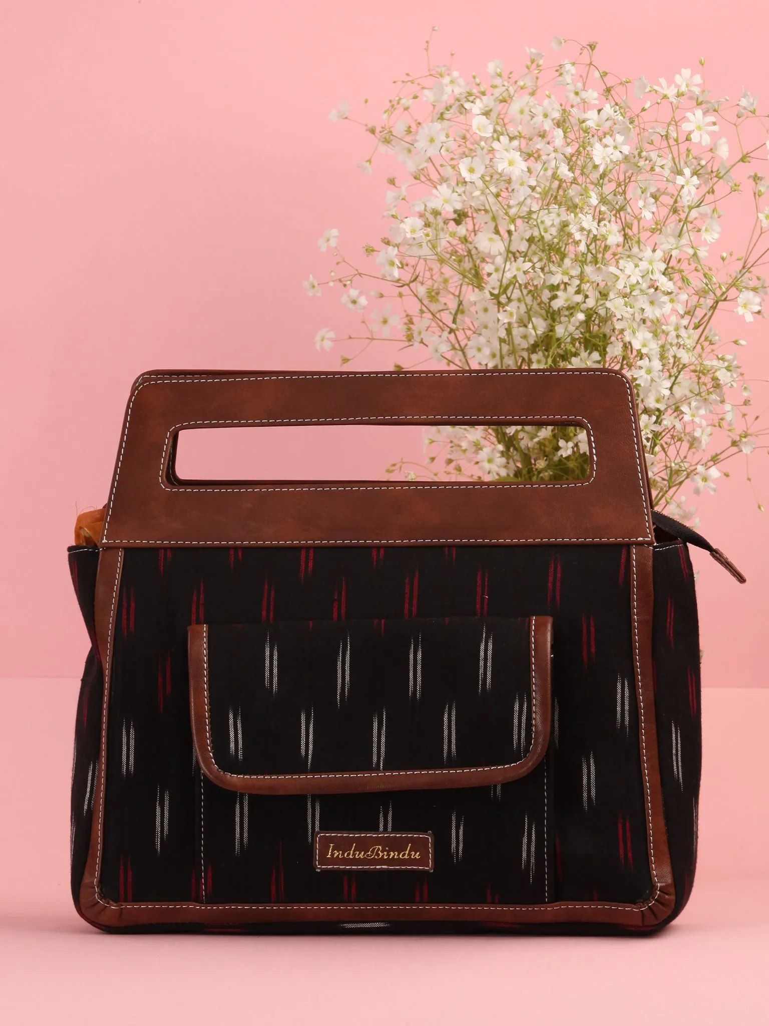 Black Red Ikat Baguette Bag with Vegan Leather Top Handles - B0905