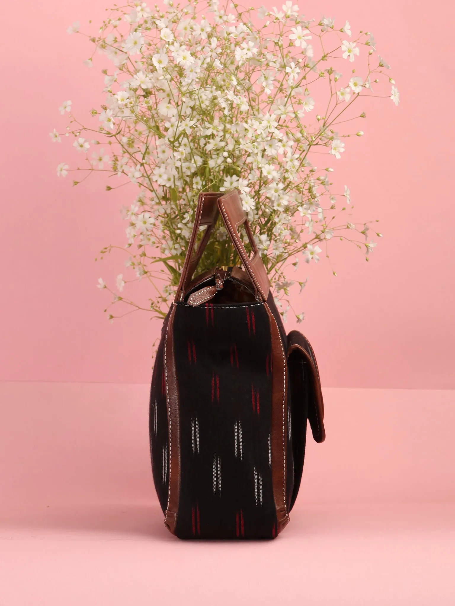 Black Red Ikat Baguette Bag with Vegan Leather Top Handles - B0905