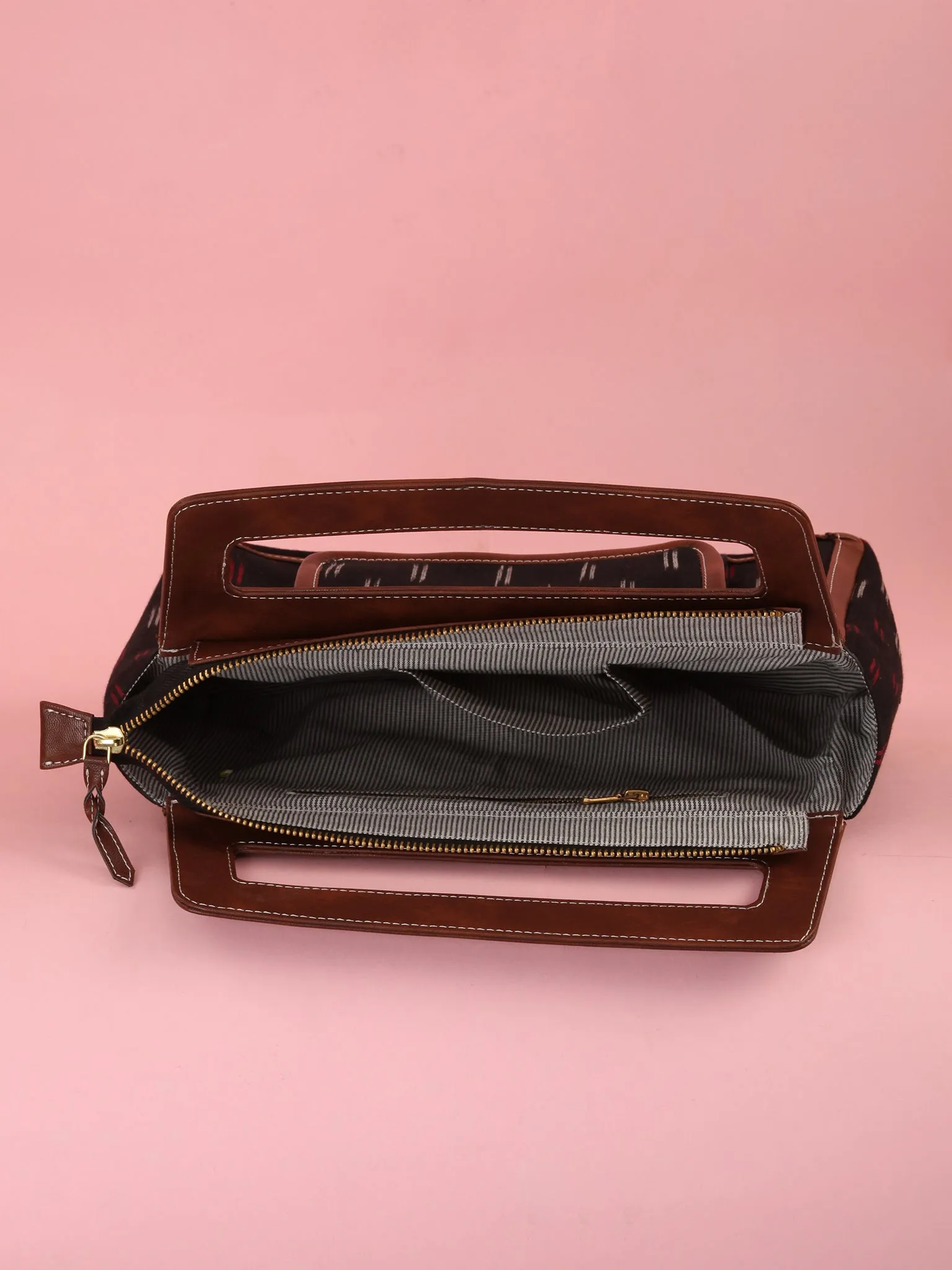 Black Red Ikat Baguette Bag with Vegan Leather Top Handles - B0905