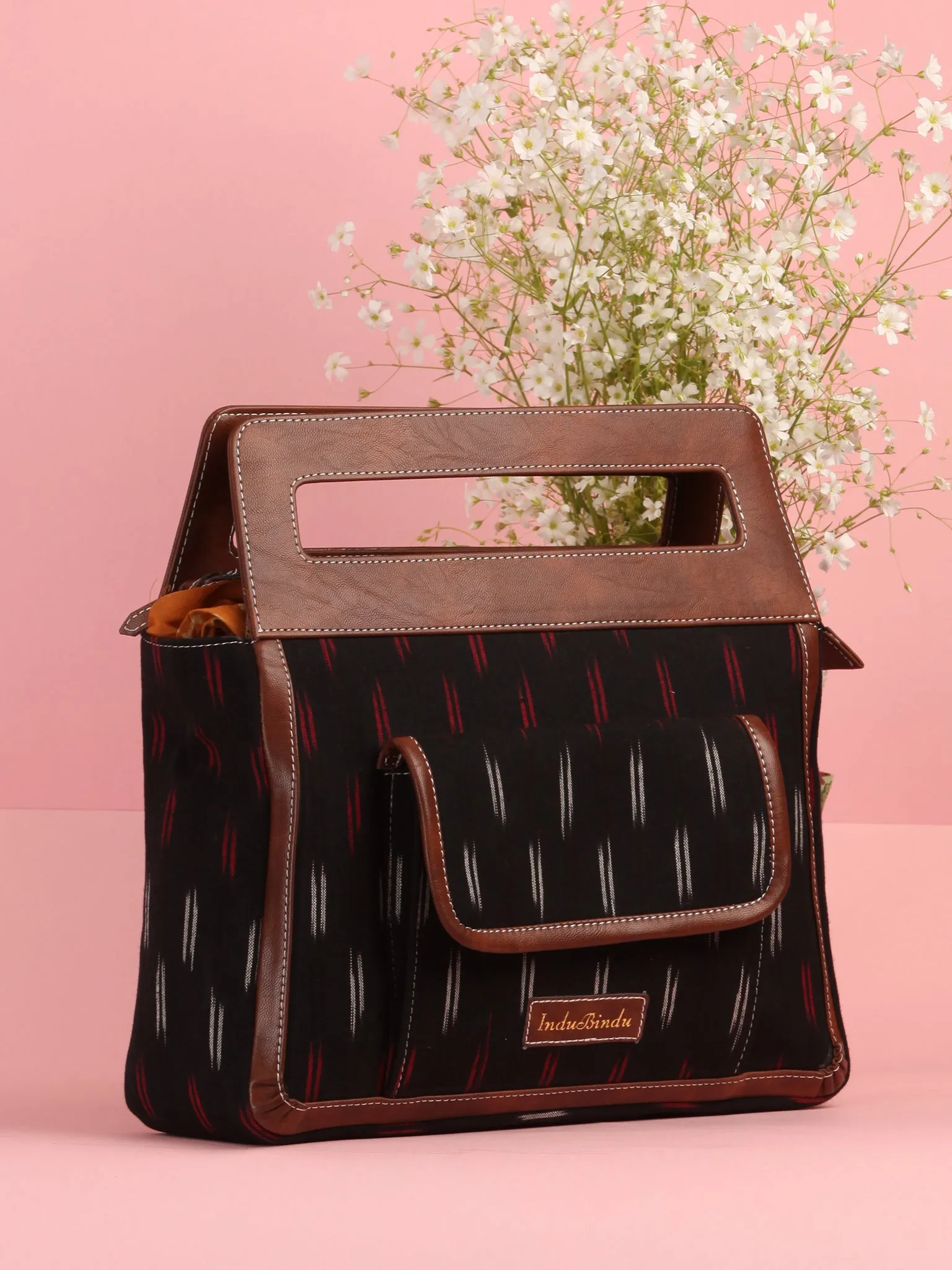 Black Red Ikat Baguette Bag with Vegan Leather Top Handles - B0905