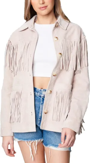 [BLANKNYC] Womens Real Suede Fringe Shirt Jacket, Stylish Coat & Designer Clothing