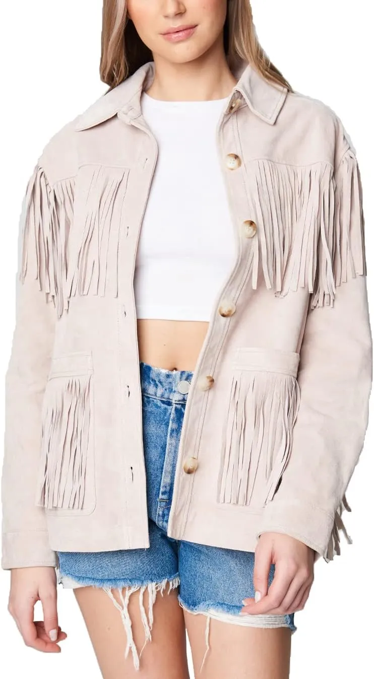 [BLANKNYC] Womens Real Suede Fringe Shirt Jacket, Stylish Coat & Designer Clothing