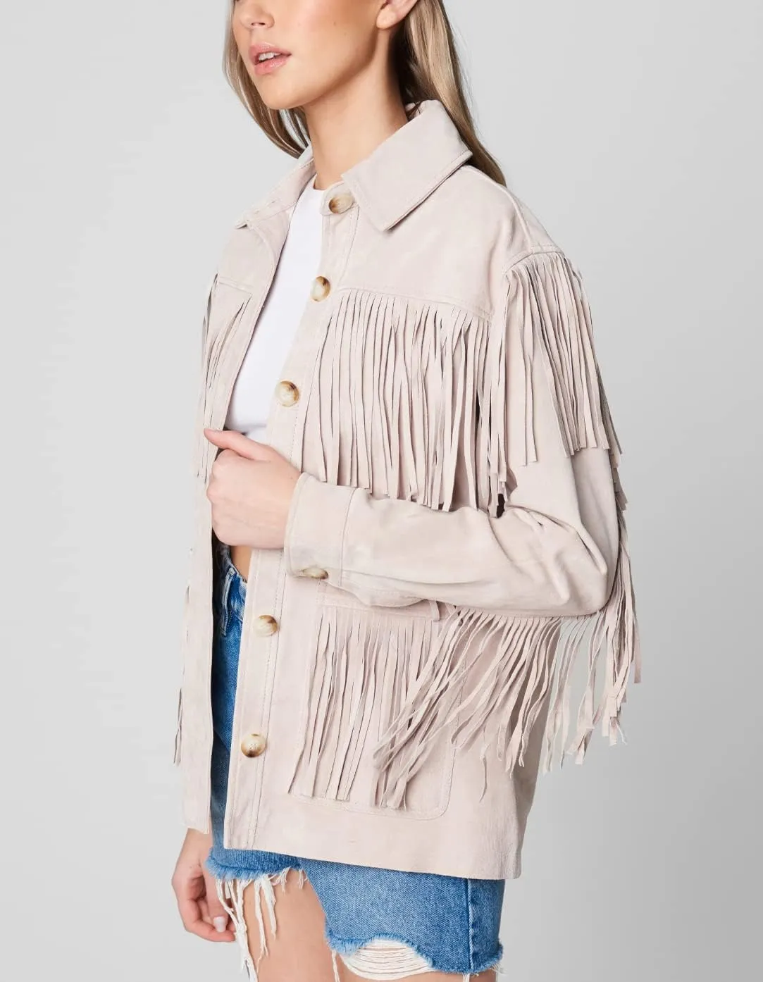 [BLANKNYC] Womens Real Suede Fringe Shirt Jacket, Stylish Coat & Designer Clothing