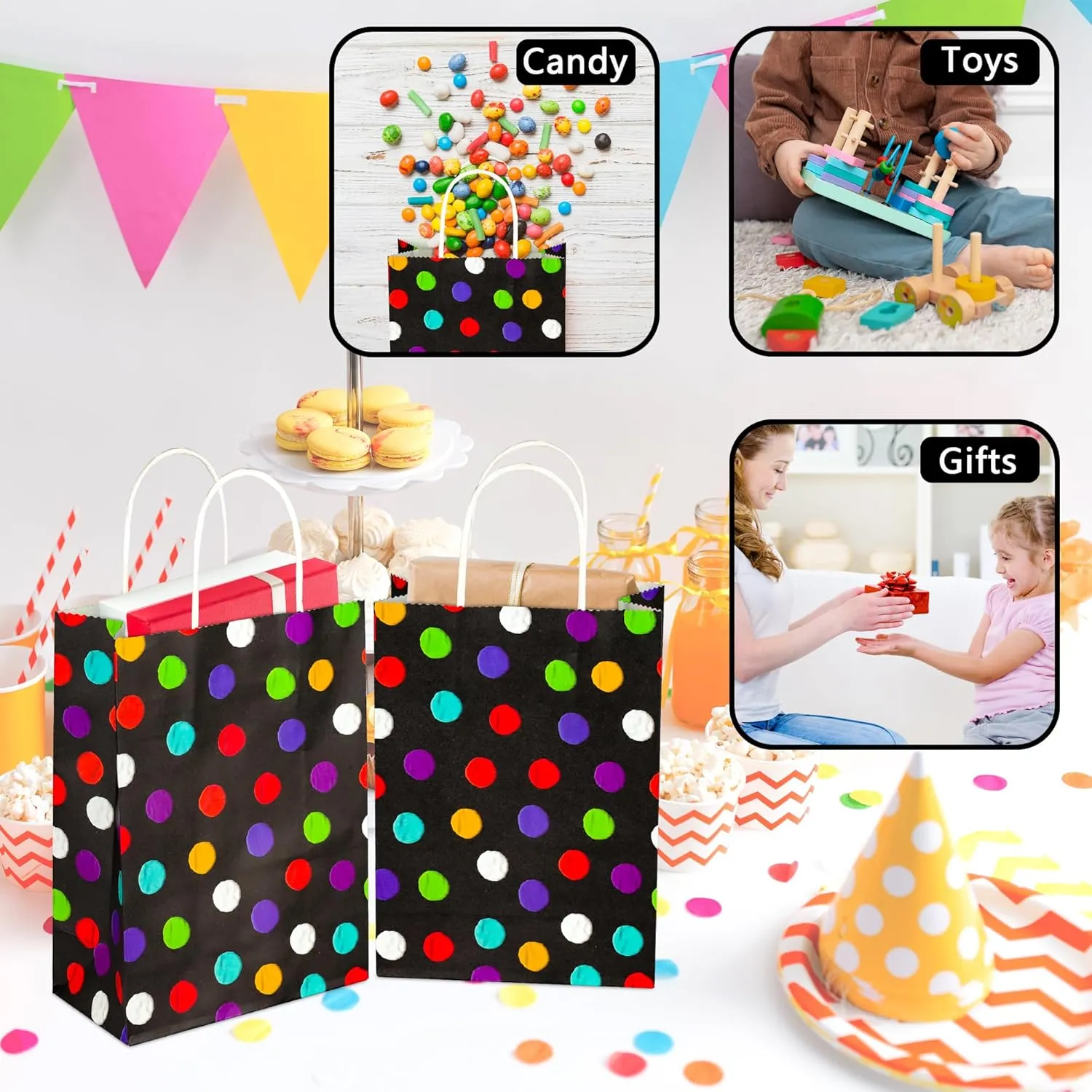 BLEWINDZ 24Pcs Small Gift Bags with Tissue - Polka Dot Black Party Gift Bags with Handles, Colorful Rainbow Paper Goodie Bag for Party Favors, Kids Birthday