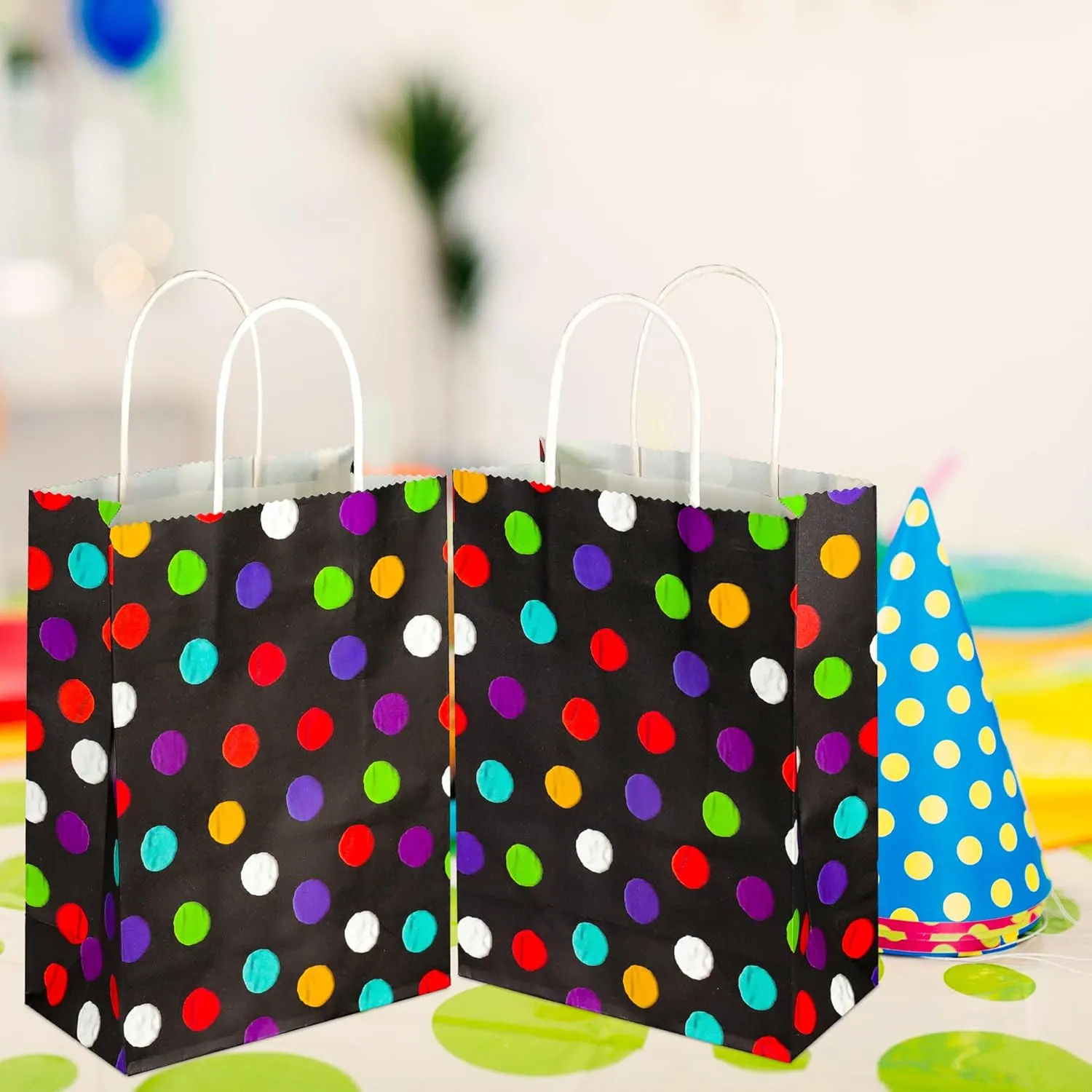 BLEWINDZ 24Pcs Small Gift Bags with Tissue - Polka Dot Black Party Gift Bags with Handles, Colorful Rainbow Paper Goodie Bag for Party Favors, Kids Birthday