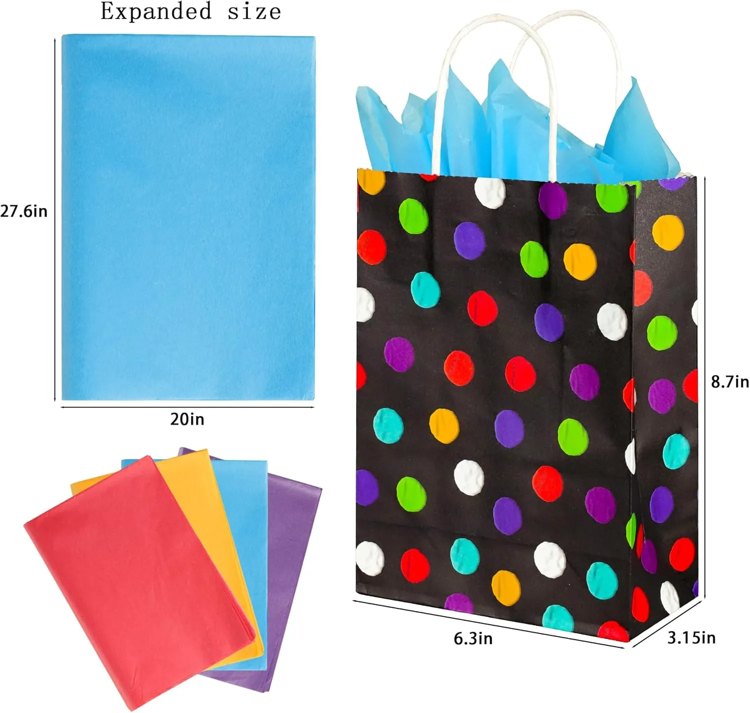 BLEWINDZ 24Pcs Small Gift Bags with Tissue - Polka Dot Black Party Gift Bags with Handles, Colorful Rainbow Paper Goodie Bag for Party Favors, Kids Birthday