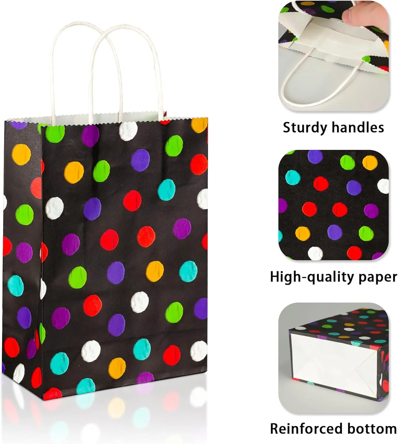 BLEWINDZ 24Pcs Small Gift Bags with Tissue - Polka Dot Black Party Gift Bags with Handles, Colorful Rainbow Paper Goodie Bag for Party Favors, Kids Birthday