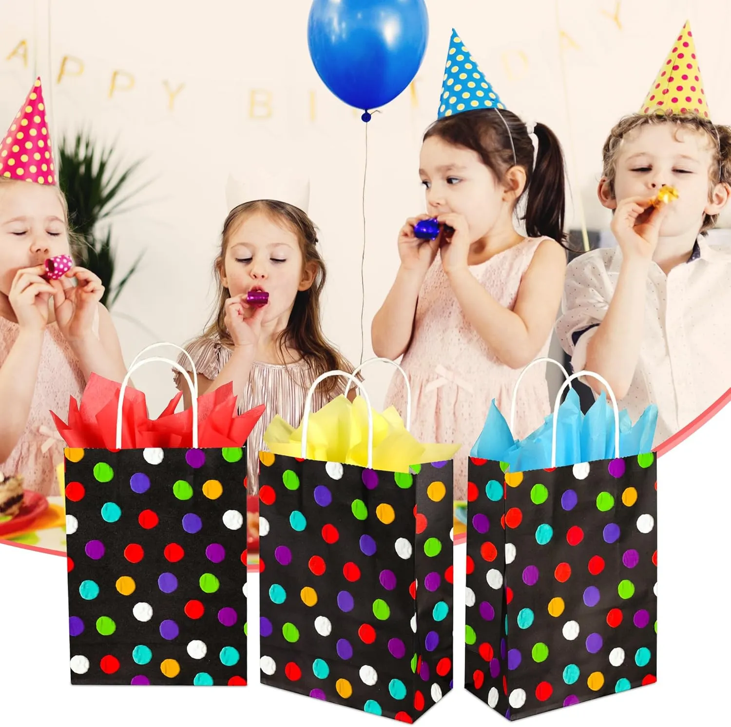 BLEWINDZ 24Pcs Small Gift Bags with Tissue - Polka Dot Black Party Gift Bags with Handles, Colorful Rainbow Paper Goodie Bag for Party Favors, Kids Birthday
