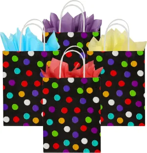 BLEWINDZ 24Pcs Small Gift Bags with Tissue - Polka Dot Black Party Gift Bags with Handles, Colorful Rainbow Paper Goodie Bag for Party Favors, Kids Birthday