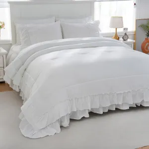 Boho Bedding Comfrter Queen White Comforter Set Shabby Chic Bedding 2 Layers Ruffles Home Decor Farmhouse Bed Comforter 1 Comforter 2 Pillowcases (White, Queen)