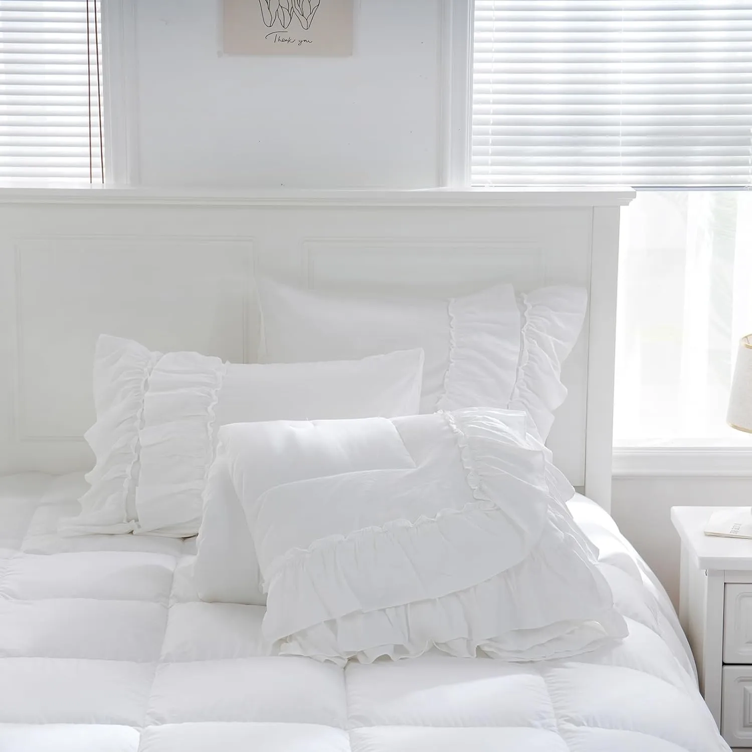 Boho Bedding Comfrter Queen White Comforter Set Shabby Chic Bedding 2 Layers Ruffles Home Decor Farmhouse Bed Comforter 1 Comforter 2 Pillowcases (White, Queen)