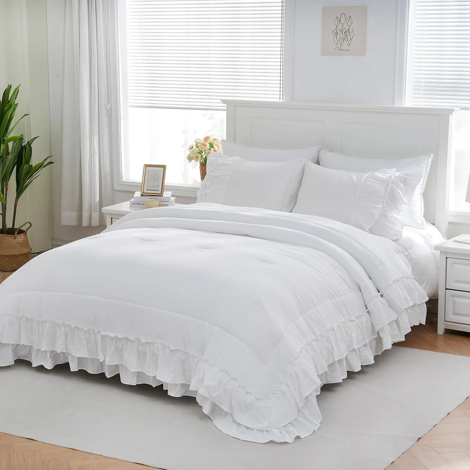 Boho Bedding Comfrter Queen White Comforter Set Shabby Chic Bedding 2 Layers Ruffles Home Decor Farmhouse Bed Comforter 1 Comforter 2 Pillowcases (White, Queen)