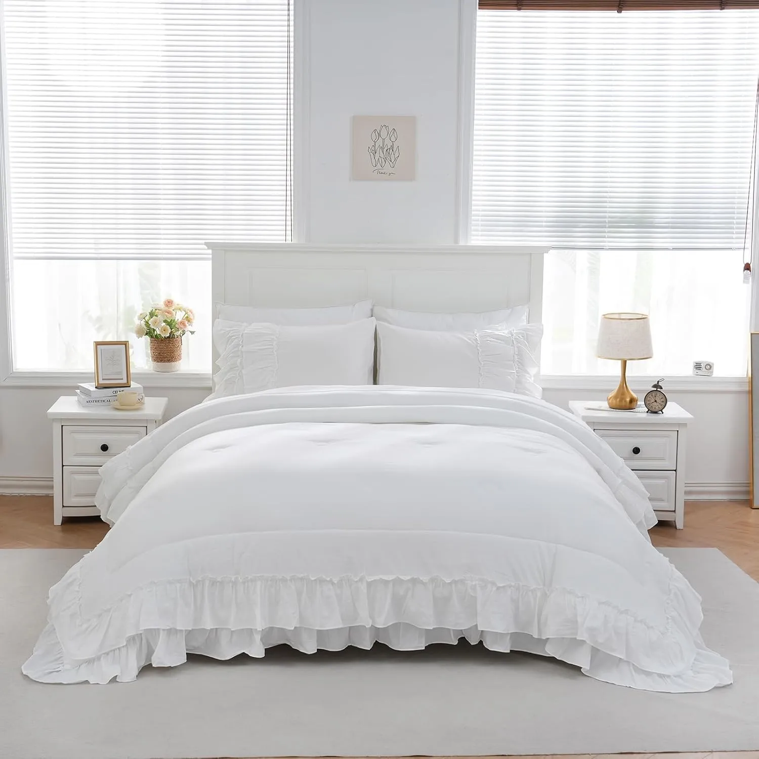 Boho Bedding Comfrter Queen White Comforter Set Shabby Chic Bedding 2 Layers Ruffles Home Decor Farmhouse Bed Comforter 1 Comforter 2 Pillowcases (White, Queen)