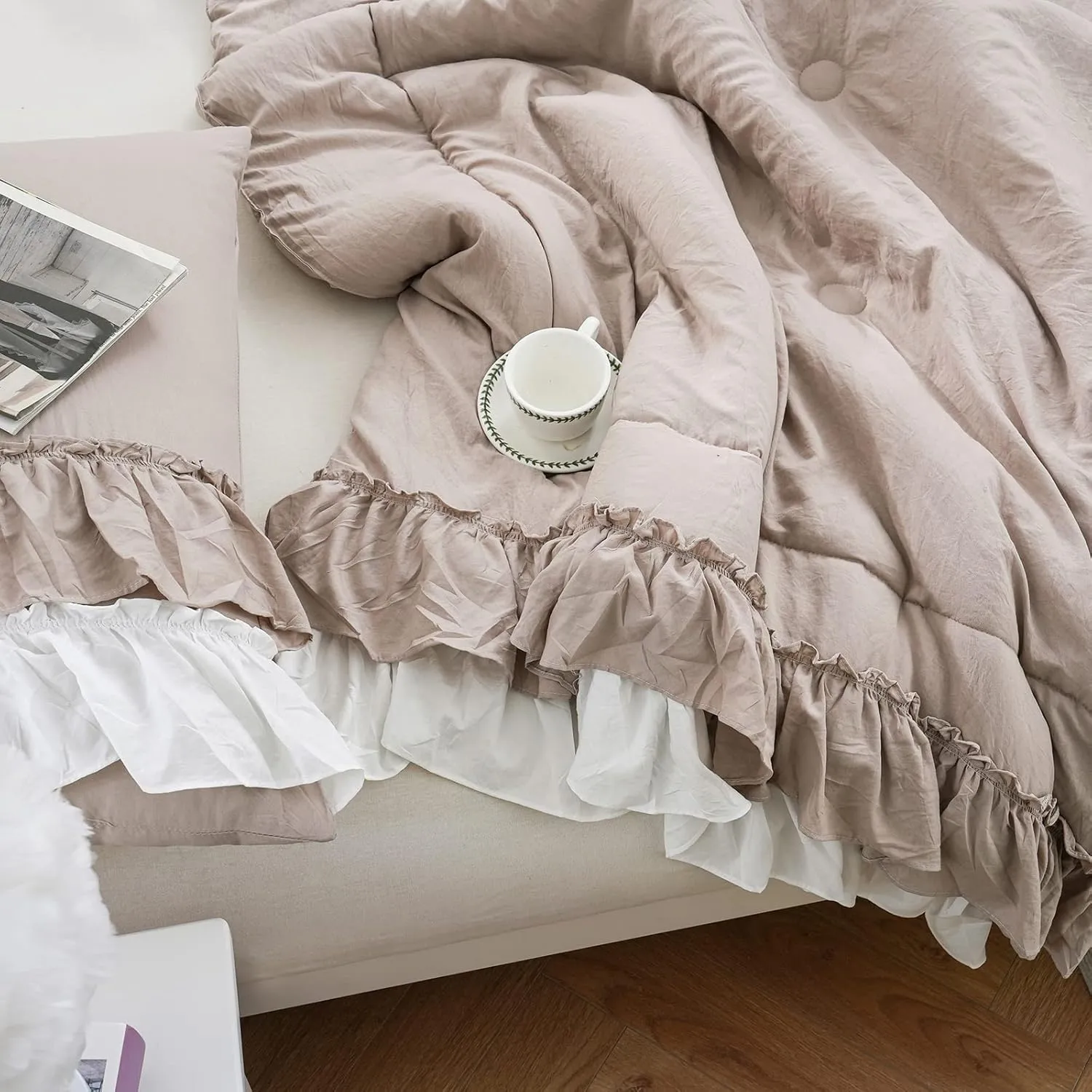 Boho Farmhouse Comforter Set - Queen Size, Shabby Chic, 2 Layers, Ruffles, Ultra Soft Washed Microfiber, Taupe, 1 Comforter, 2 Pillowcases