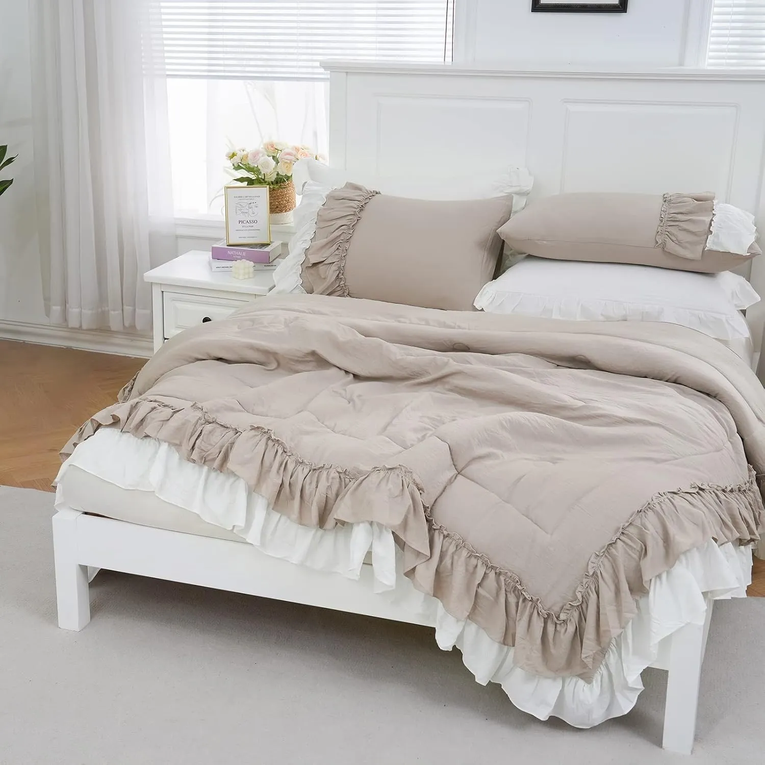 Boho Farmhouse Comforter Set - Queen Size, Shabby Chic, 2 Layers, Ruffles, Ultra Soft Washed Microfiber, Taupe, 1 Comforter, 2 Pillowcases