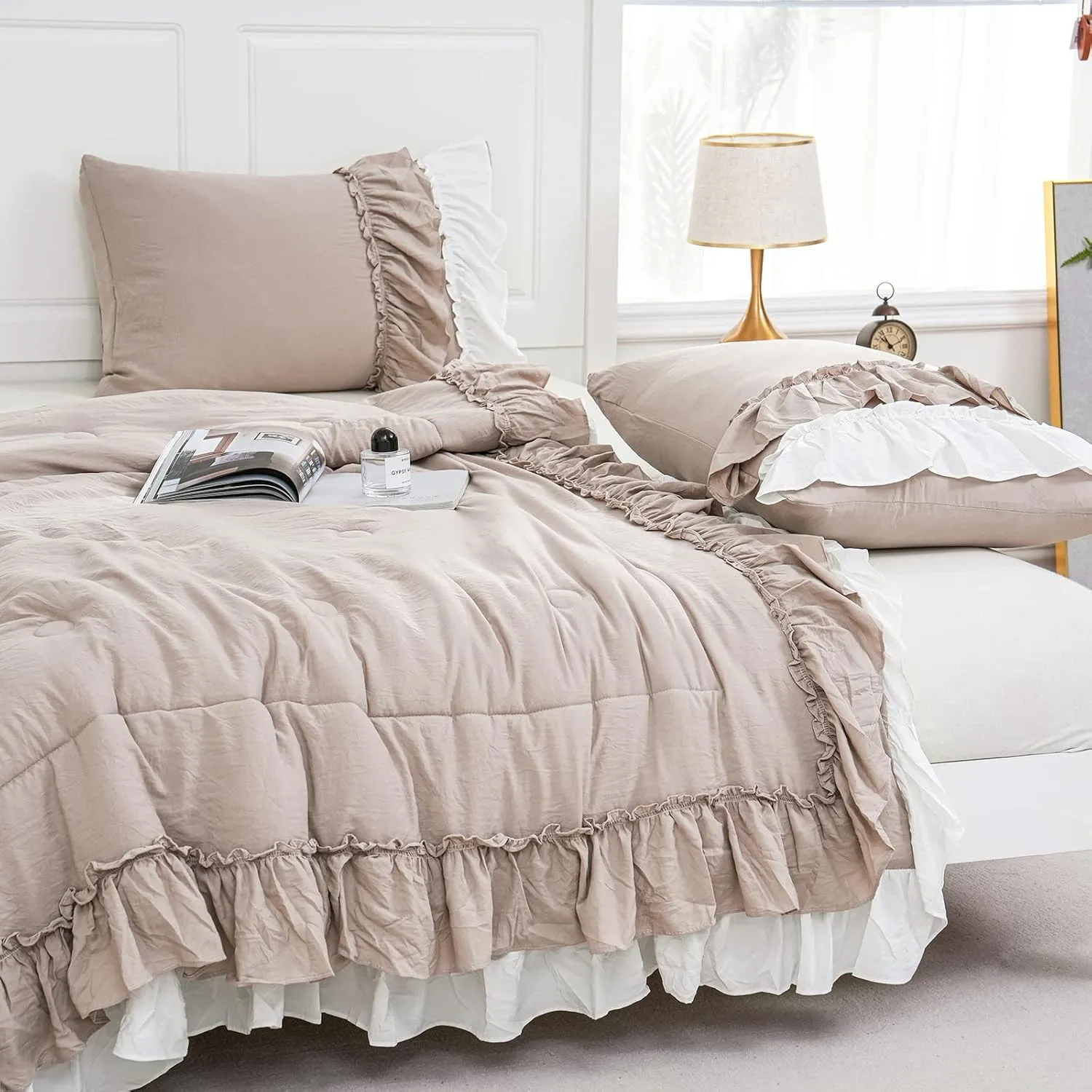 Boho Farmhouse Comforter Set - Queen Size, Shabby Chic, 2 Layers, Ruffles, Ultra Soft Washed Microfiber, Taupe, 1 Comforter, 2 Pillowcases