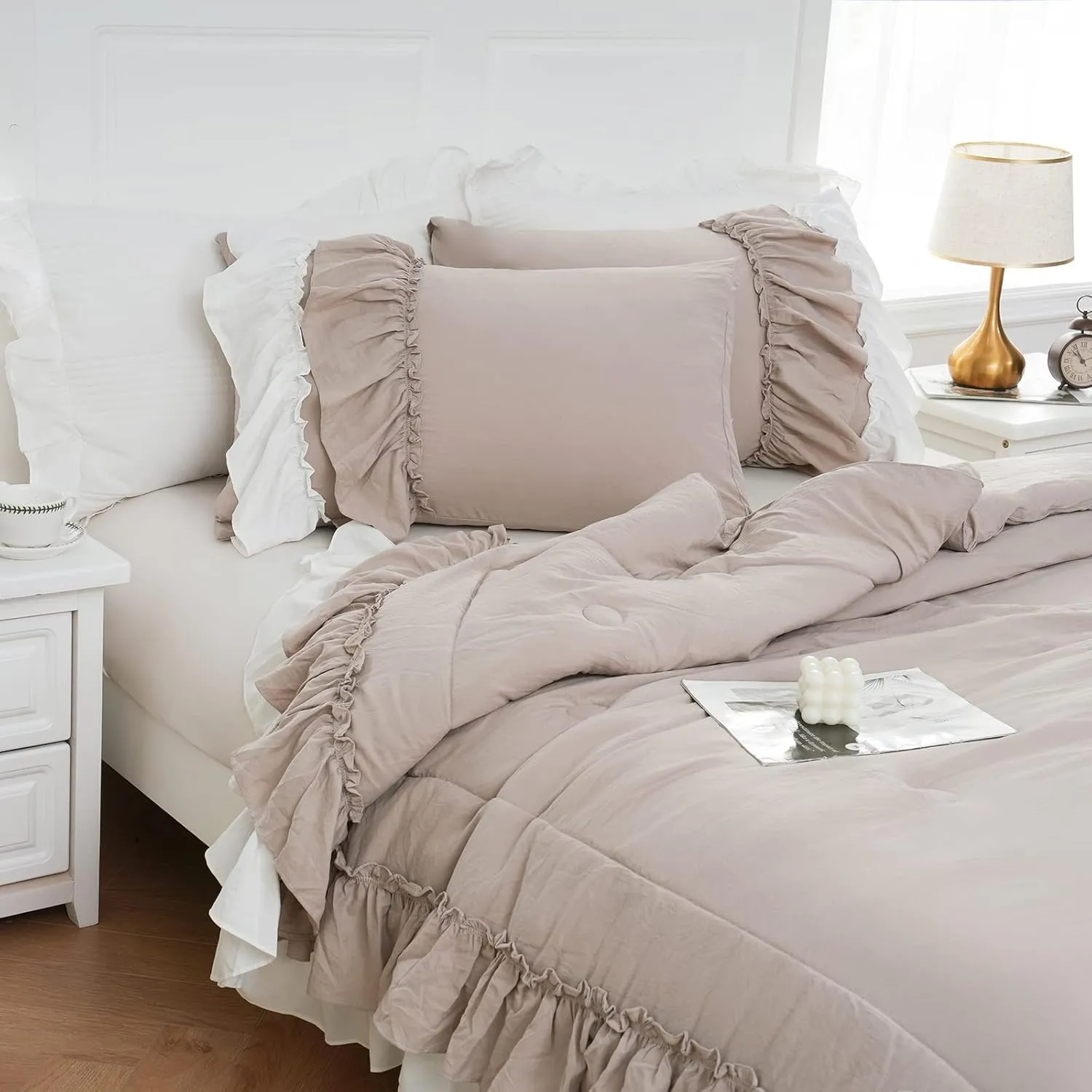 Boho Farmhouse Comforter Set - Queen Size, Shabby Chic, 2 Layers, Ruffles, Ultra Soft Washed Microfiber, Taupe, 1 Comforter, 2 Pillowcases