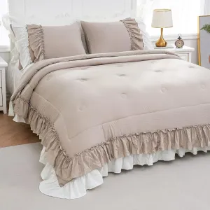 Boho Farmhouse Comforter Set - Queen Size, Shabby Chic, 2 Layers, Ruffles, Ultra Soft Washed Microfiber, Taupe, 1 Comforter, 2 Pillowcases