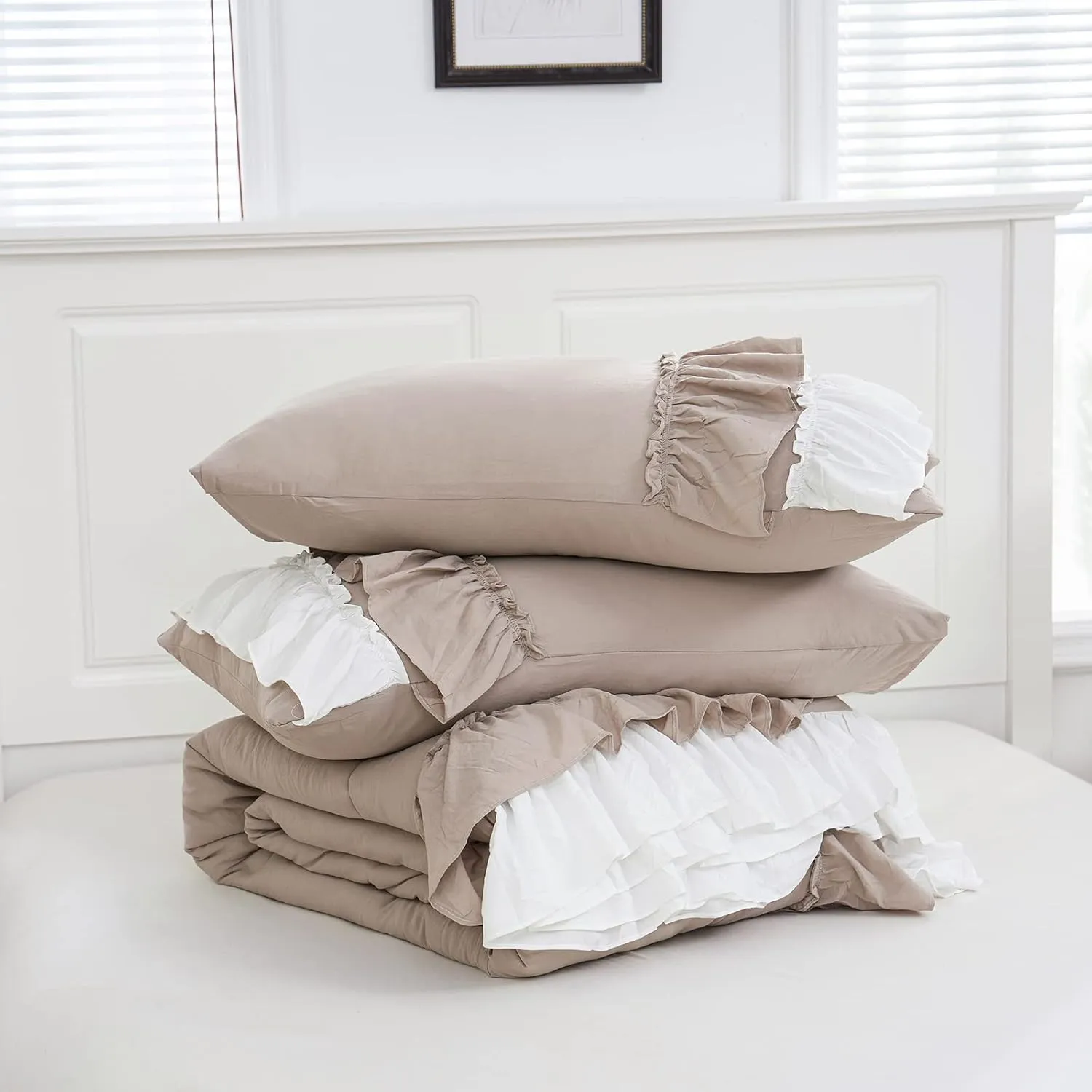 Boho Farmhouse Comforter Set - Queen Size, Shabby Chic, 2 Layers, Ruffles, Ultra Soft Washed Microfiber, Taupe, 1 Comforter, 2 Pillowcases