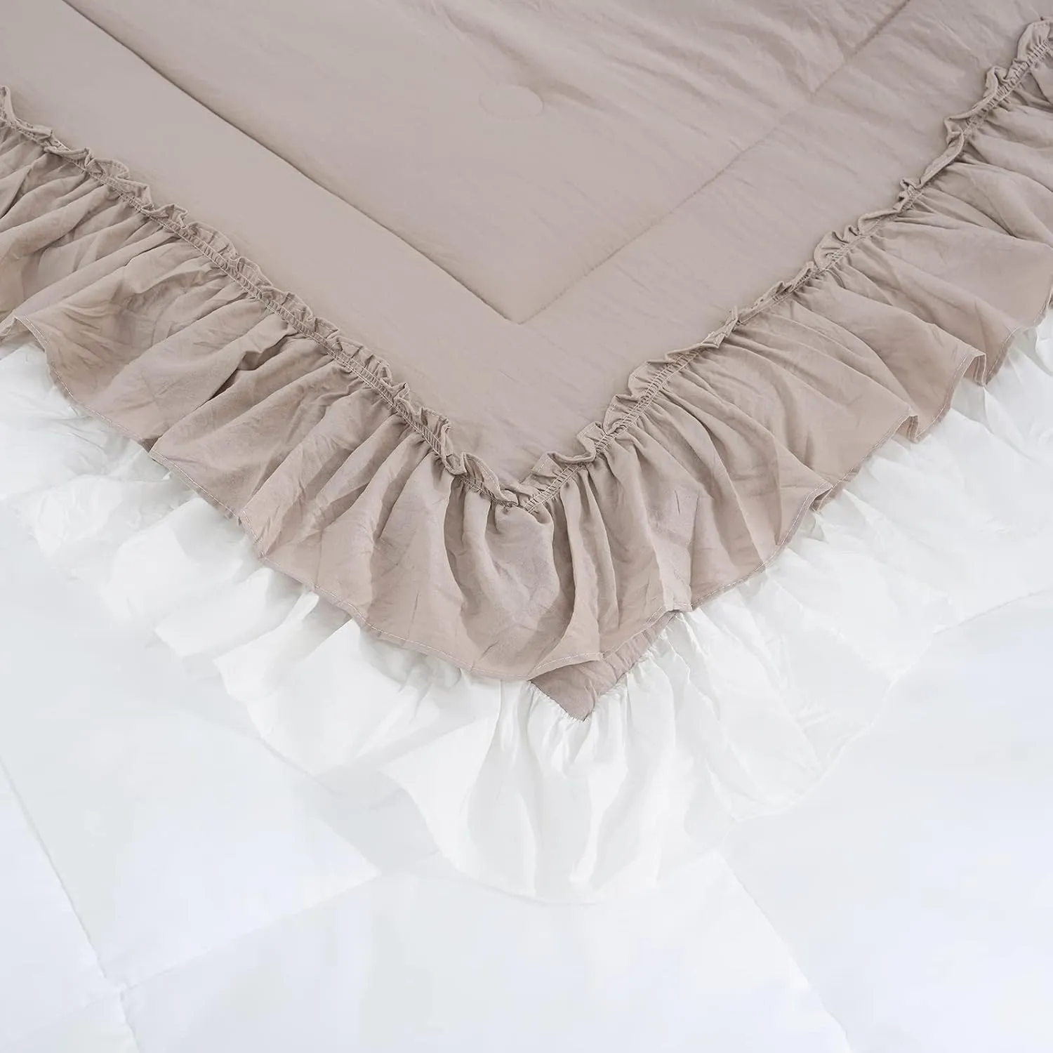 Boho Farmhouse Comforter Set - Queen Size, Shabby Chic, 2 Layers, Ruffles, Ultra Soft Washed Microfiber, Taupe, 1 Comforter, 2 Pillowcases