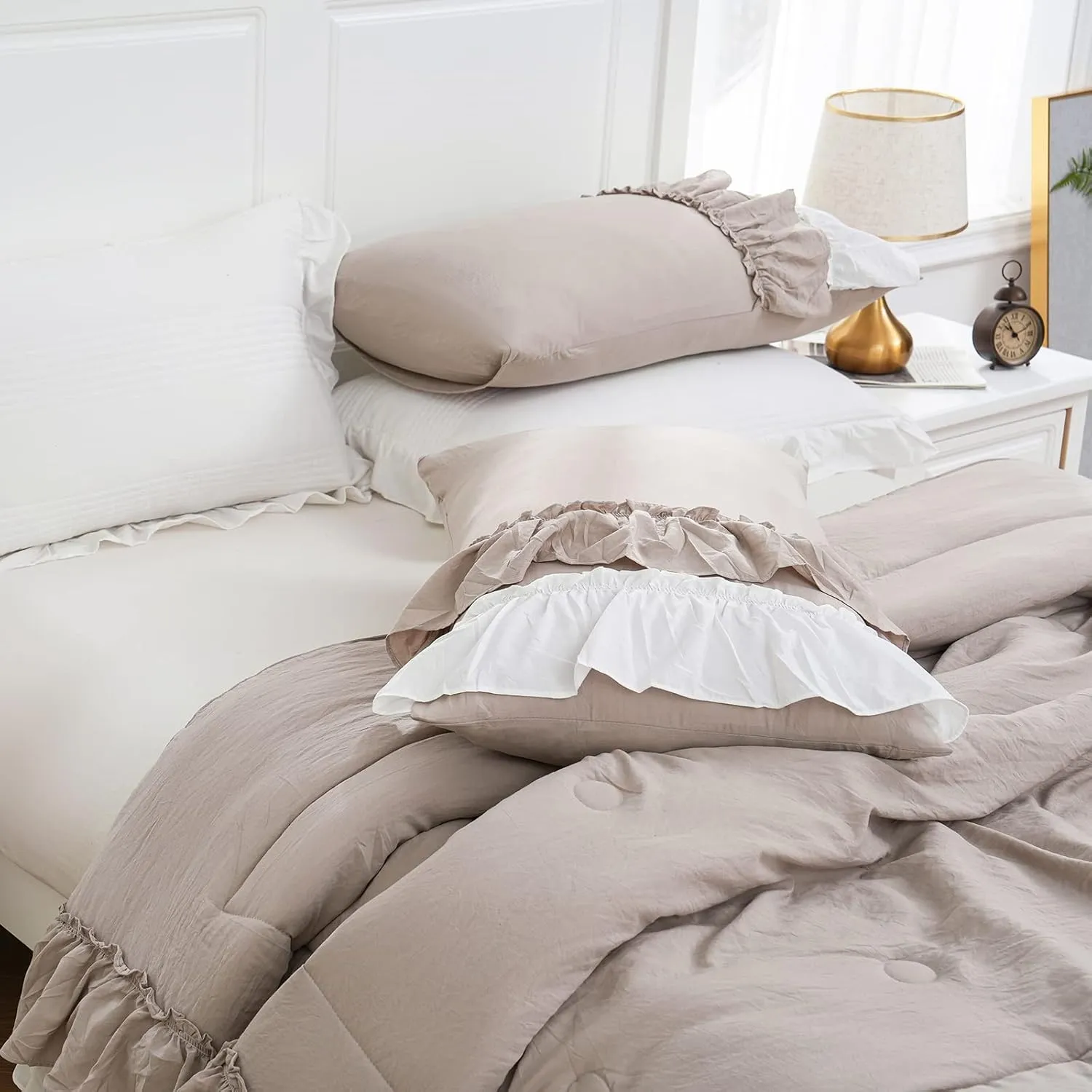 Boho Farmhouse Comforter Set - Queen Size, Shabby Chic, 2 Layers, Ruffles, Ultra Soft Washed Microfiber, Taupe, 1 Comforter, 2 Pillowcases