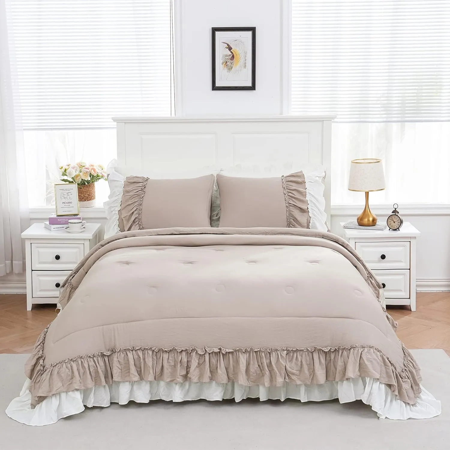 Boho Farmhouse Comforter Set - Queen Size, Shabby Chic, 2 Layers, Ruffles, Ultra Soft Washed Microfiber, Taupe, 1 Comforter, 2 Pillowcases