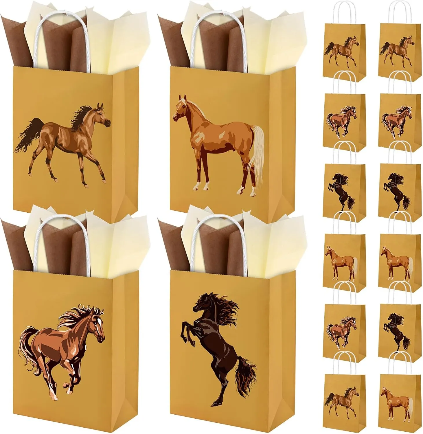 Bolsome 24Pcs Horse Party Favor Bags with Brown Beige Tissue Paper Kentucky Horse Racing Gift Bags for Western Cowboy Birthday Party Derby Day Supplies