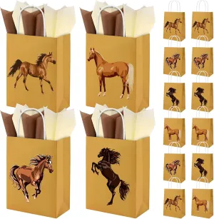 Bolsome 24Pcs Horse Party Favor Bags with Brown Beige Tissue Paper Kentucky Horse Racing Gift Bags for Western Cowboy Birthday Party Derby Day Supplies