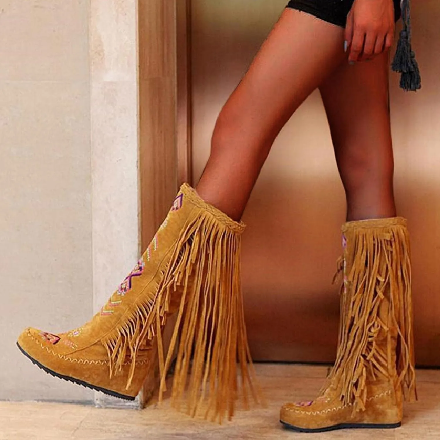 BORAMAX Women's Fringe Western Boots, Suede Embroidered Closure Fringe Mid Calf Knee High Flat Boots Long Snow Tassel Boots