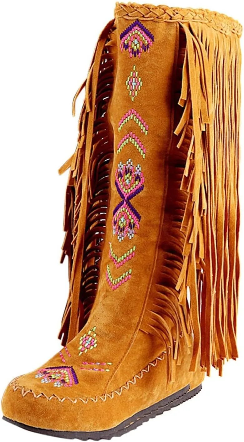 BORAMAX Women's Fringe Western Boots, Suede Embroidered Closure Fringe Mid Calf Knee High Flat Boots Long Snow Tassel Boots