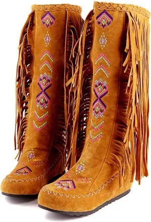 BORAMAX Women's Fringe Western Boots, Suede Embroidered Closure Fringe Mid Calf Knee High Flat Boots Long Snow Tassel Boots