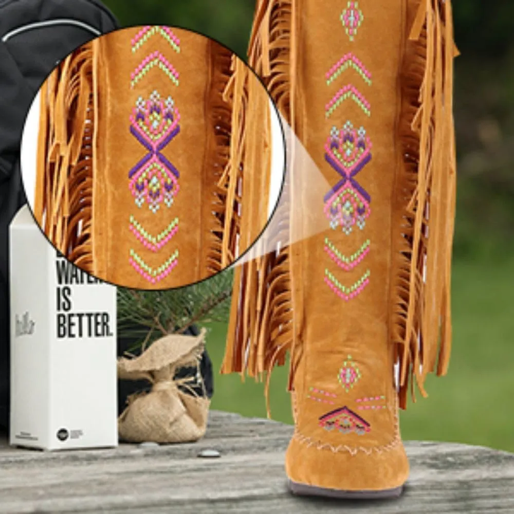 BORAMAX Women's Fringe Western Boots, Suede Embroidered Closure Fringe Mid Calf Knee High Flat Boots Long Snow Tassel Boots