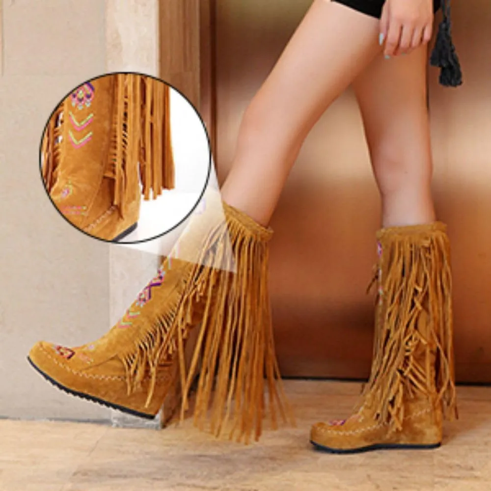 BORAMAX Women's Fringe Western Boots, Suede Embroidered Closure Fringe Mid Calf Knee High Flat Boots Long Snow Tassel Boots