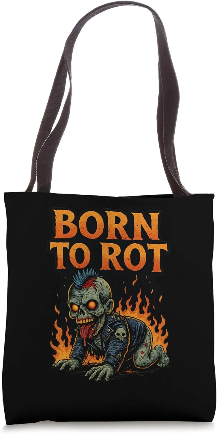 Born to Rot Creepy Zombie Punk Graphic Tee for Horror Fans Tote Bag