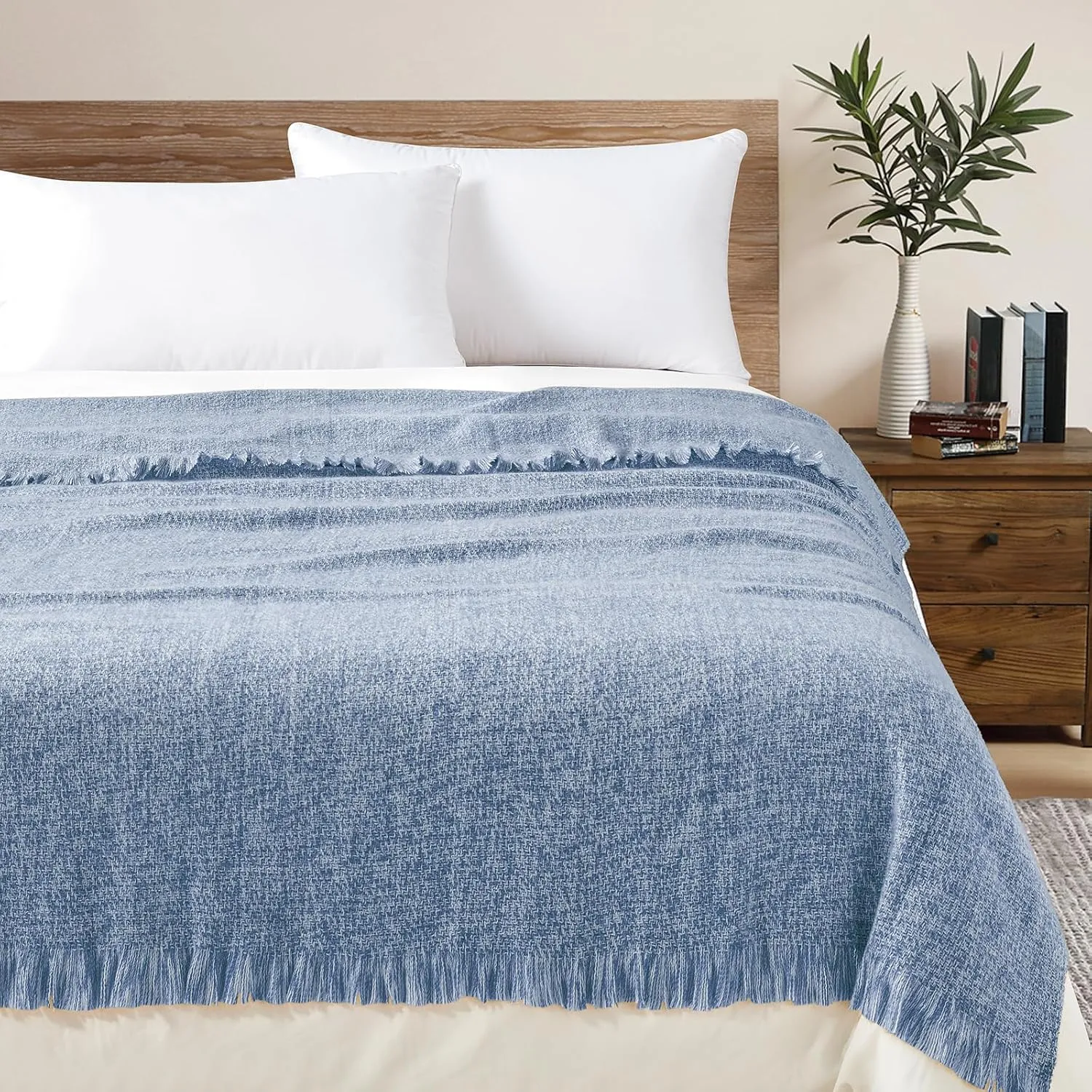 BOURINA Faux Cashmere Fringe Throw Blanket Decorative Lightweight Throw Soft Cozy for Bed or Sofa Outdoor Blanket, 50" x 70" Blue