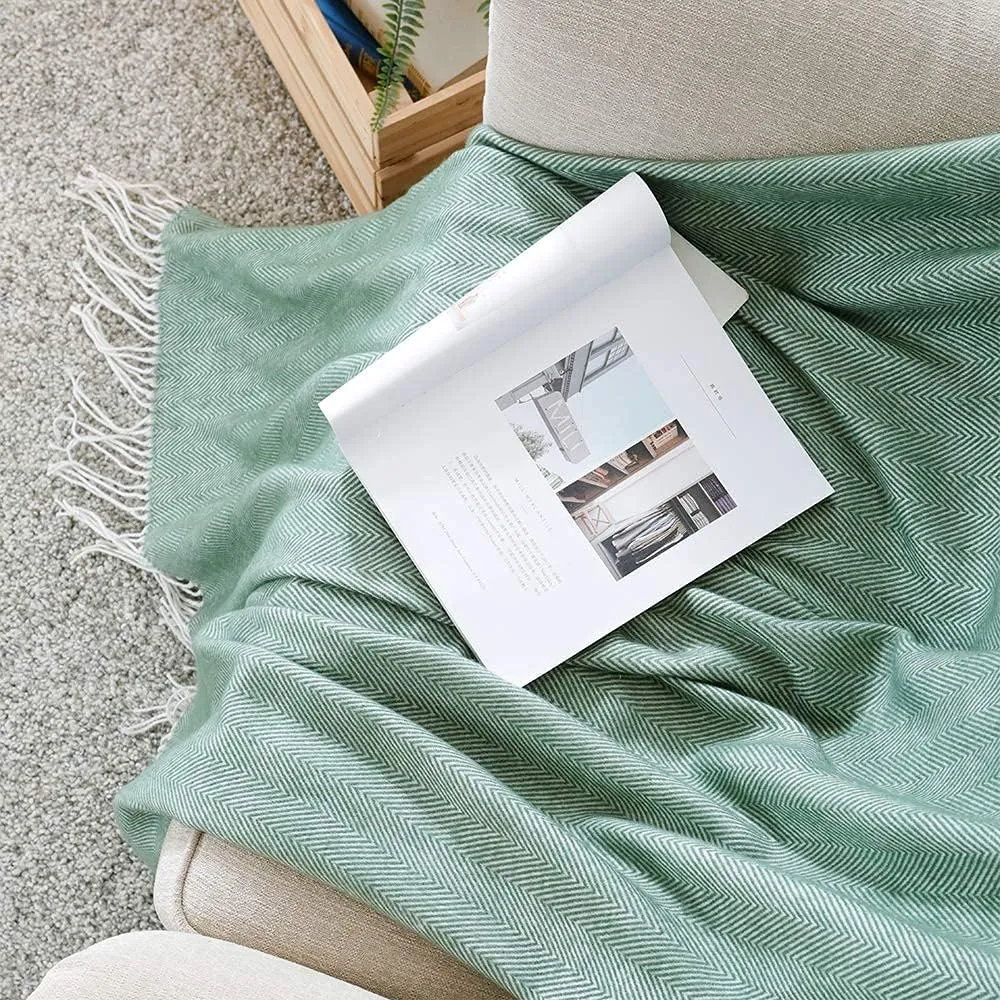 BOURINA Herringbone Two Tone Throw Blanket Faux Cashmere Fringe Soft Lightweight Cozy for Bed Couch Decorative Throws Blanket, Green, 50" x 60"