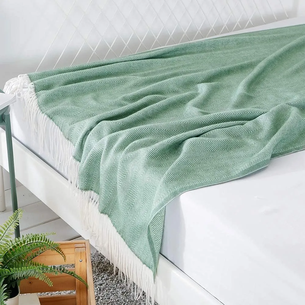 BOURINA Herringbone Two Tone Throw Blanket Faux Cashmere Fringe Soft Lightweight Cozy for Bed Couch Decorative Throws Blanket, Green, 50" x 60"