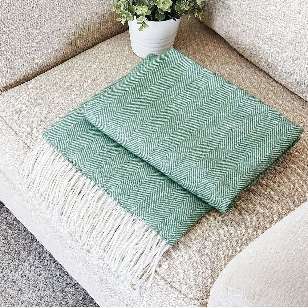 BOURINA Herringbone Two Tone Throw Blanket Faux Cashmere Fringe Soft Lightweight Cozy for Bed Couch Decorative Throws Blanket, Green, 50" x 60"