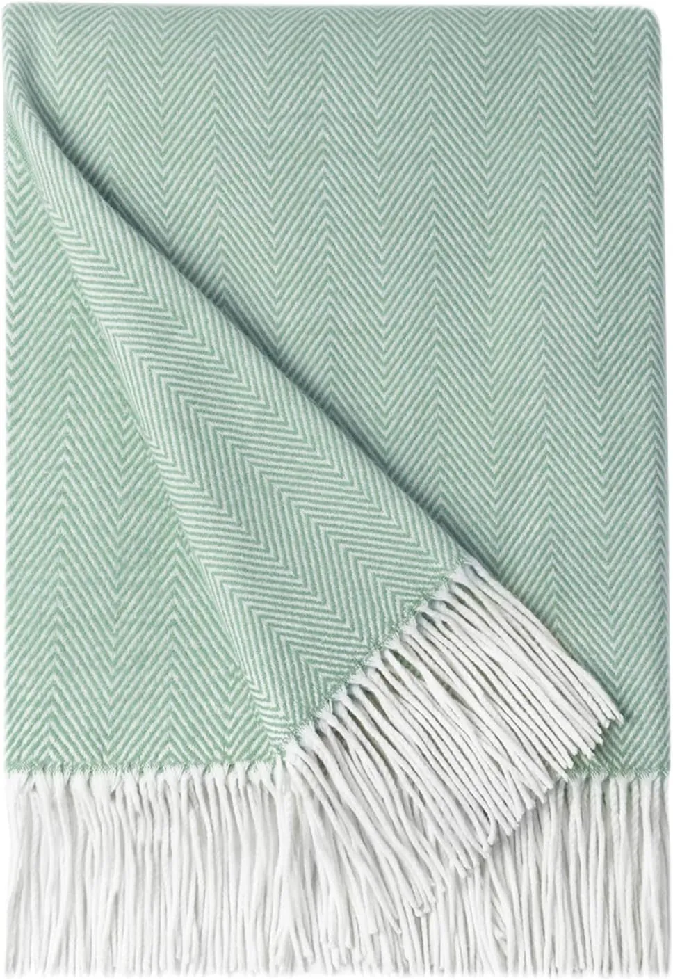BOURINA Herringbone Two Tone Throw Blanket Faux Cashmere Fringe Soft Lightweight Cozy for Bed Couch Decorative Throws Blanket, Green, 50" x 60"