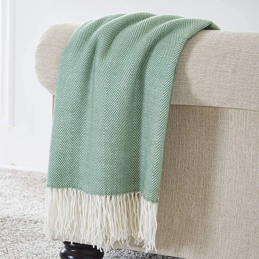 BOURINA Herringbone Two Tone Throw Blanket Faux Cashmere Fringe Soft Lightweight Cozy for Bed Couch Decorative Throws Blanket, Green, 50" x 60"
