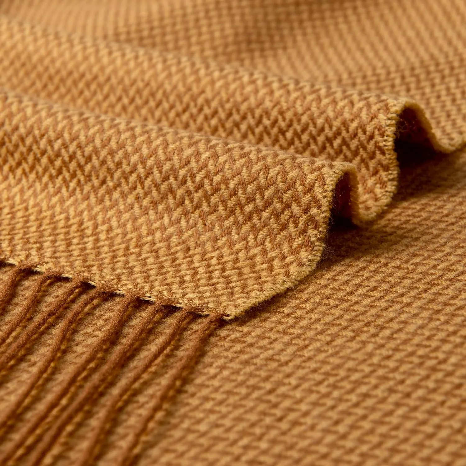BOURINA Herringbone Two Tone Throw Blanket Faux Cashmere Fringe Soft Lightweight Cozy for Bed Couch Decorative Throws Blanket,Gold, 50" x 60"